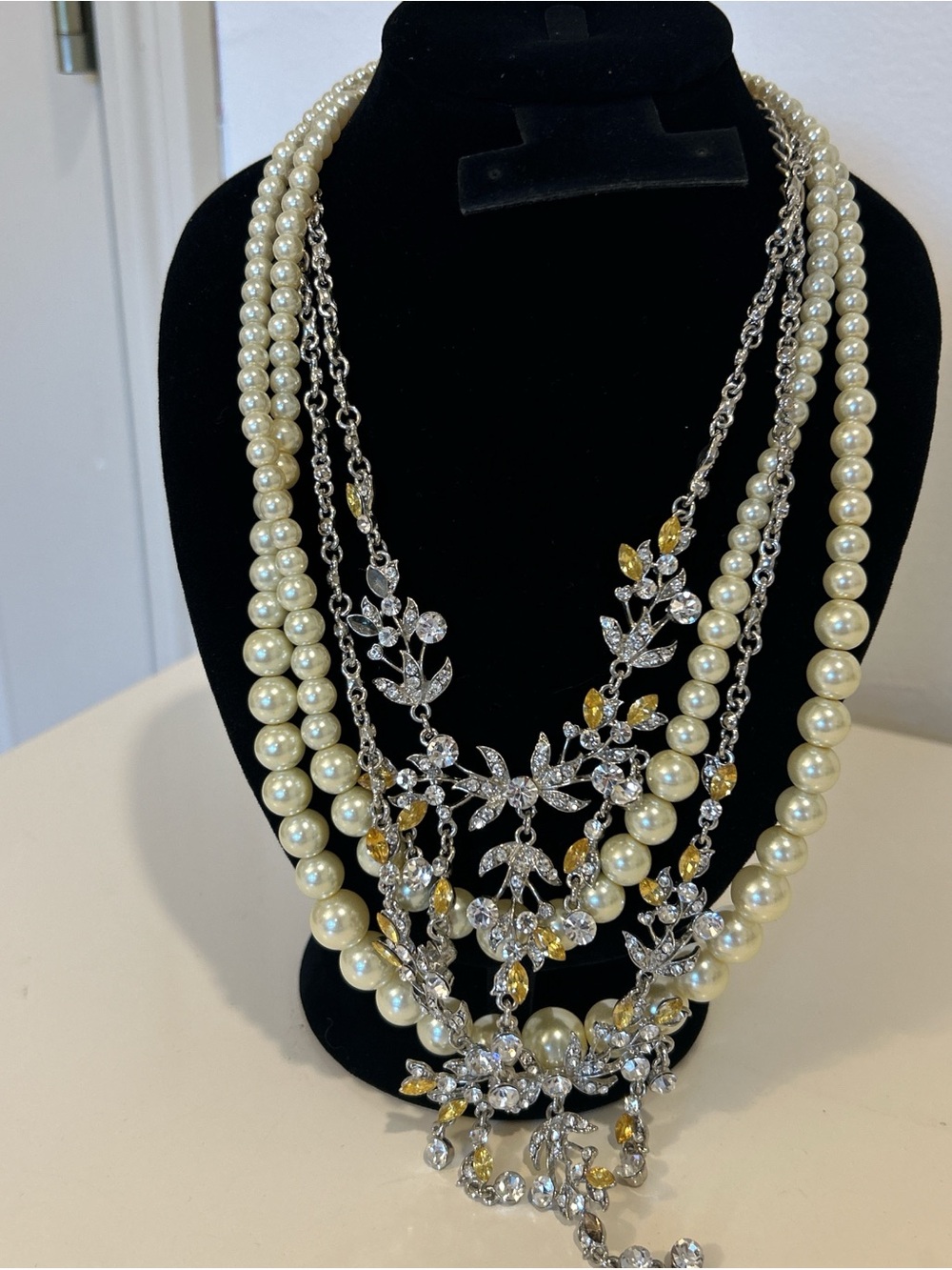 Multi-Strand Ivory Pearl & Crystal Statement Necklace
